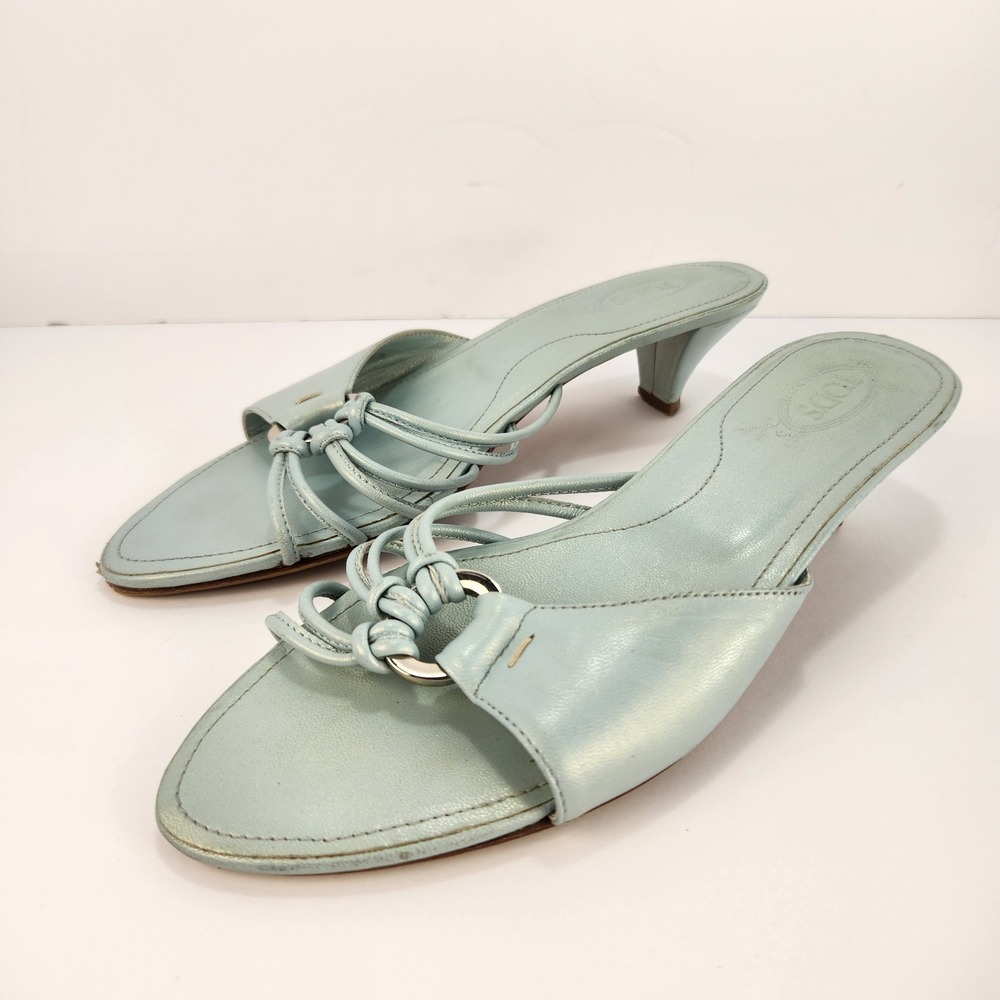 Todd's‎ Aqua Blue Leather Slide Mule Sandals Kitten Heel Italy Women's 38 (7)